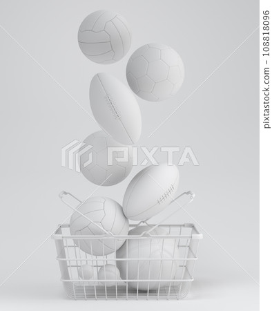 Set of ball like basketball, football and golf in shopping basket on monochrome 108818096