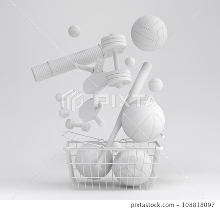 Sport equipment for fitness, gym in shopping basket on monochrome background 108818097