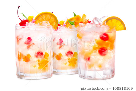 Set of crafted cocktails with berries, a slice of orange, ice cubes and a sprig of mint Set of crafted cocktails with berries, a slice of orange, ice cubes and a sprig of mint 108818109