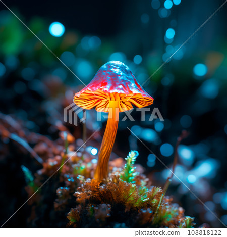 Different types of glowing mystical mushrooms, fantasy mushroom forest with bokeh 108818122