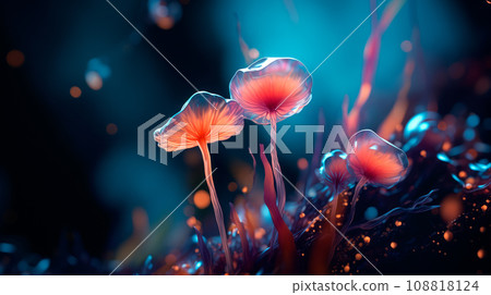 Different types of glowing mystical mushrooms, fantasy mushroom forest with bokeh Different types of glowing mystical mushrooms, fantasy mushroom forest with bokeh 108818124