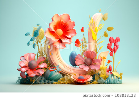 Abstract flowers on podium in the style of naturalistic color palette and rococo still lifes, flower and nature motifs, 108818128