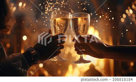 People clink glasses of champagne against a backdrop of holiday lights 108818184