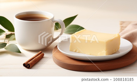 A cup of coffee on a saucer, next to it there is a piece of butter and cinnamon sticks. Buttered coffee is a very satisfying drink that increases energy levels and reduces appetite. 108818185