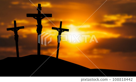 The Crucifixion Of Jesus Christ in twilight sky 3d rendering. 108818442