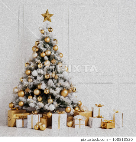 Christmas tree with gift decor for the new year winter in the white holiday room. Oil painting. 108818520