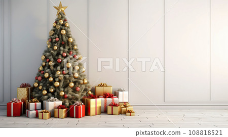 Christmas tree decor made of pine and gifts represents a New Year's home winter interior. 108818521