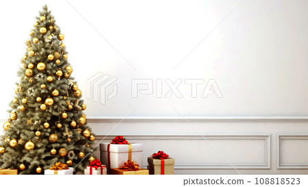 Christmas tree with presents under it in front of a white wall. Christmas tree with presents under it in front of a white wall. 108818523