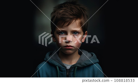Portrait of a boy with blue sad eyes on a dark background. Portrait of a sad little boy on a dark background. Selective focus. Portrait of a boy with blue sad eyes on a dark background. Portrait of a sad little boy on a dark background. Selective focus. 108818533