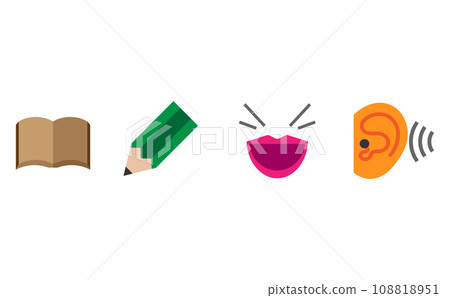 Simple color lineless icons representing the four basic skills necessary for language acquisition Simple color lineless icons representing the four basic skills necessary for language acquisition 108818951