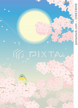 Illustration of cherry blossoms in full bloom, white-eye, and a hazy moon 108819048