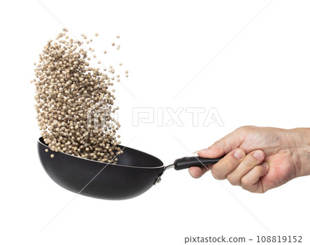 White Pepper seeds fall down pour in steel pan, white Pepper float explode, abstract cloud fly. Peppercorn splash throwing in Air. White background Isolated high speed shutter, freeze motion White Pepper seeds fall down pour in steel pan, white Pepper float explode, abstract cloud fly. Peppercorn splash throwing in Air. White background Isolated high speed shutter, freeze motion 108819152
