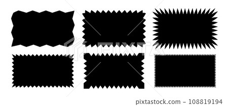 Zig zag edge rectangle shape collection. Jagged rectangular elements set. Black graphic design elements pack for decoration, banner, poster, template, sticker, badge, label, tag. Vector bundle 108819194