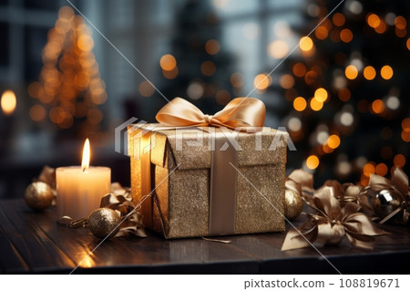 燭光AI圖像照亮的金色禮盒和聖誕裝飾 108819671