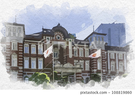水彩風格東京站丸之內車站大樓的東京千代田區 108819860