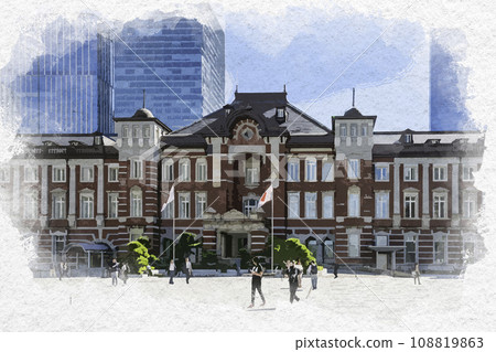 水彩風格東京站丸之內車站大樓的東京千代田區 108819863