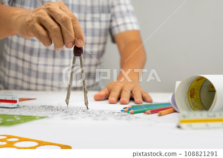 Landscape architect student learning garden plan design.. Landscape architect student learning garden plan design.. 108821291