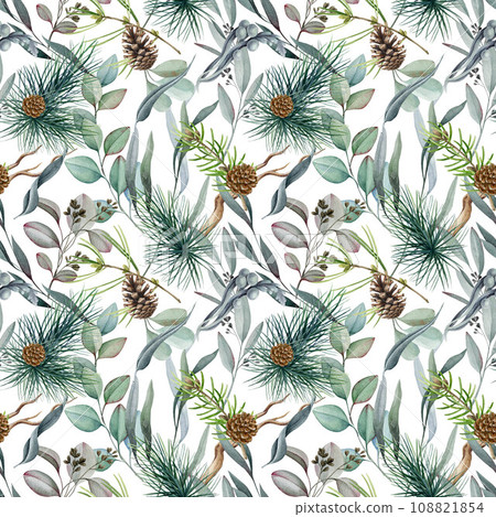 Eucalyptus, conifer, pine branches and leaves seamless pattern. Watercolor illustration. Pine, eucalyptus, cone, conifer, leaves natural decor. Forest elements seamless pattern. White background 108821854
