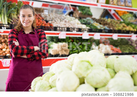 Portrait of smiling girl seller standing at counter in store 108821986