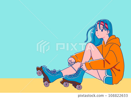 Girl wearing roller skates, retro pop anime style 108822633