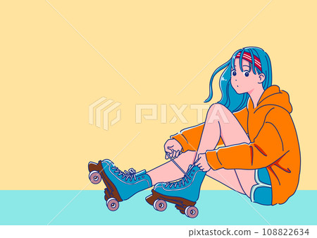 Girl wearing roller skates, retro pop anime style 108822634
