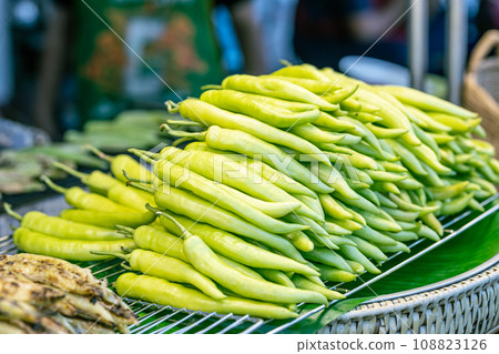 Thai green chilli spicy called prik noom most popular flavour ingredient of Nam Prik Noom Recipe (Northern Thai Green Chili Dip) 108823126