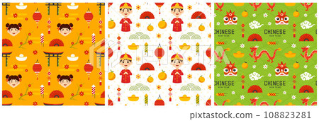 Happy Chinese New Year 2024 Seamless Pattern Design. Translation : Year of the Dragon. with Lantern, Dragons and China Elements in Flat Illustration Happy Chinese New Year 2024 Seamless Pattern Design. Translation : Year of the Dragon. with Lantern, Dragons and China Elements in Flat Illustration 108823281