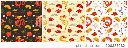 Happy Chinese New Year 2024 Seamless Pattern Design. Translation : Year of the Dragon. with Lantern, Dragons and China Elements in Flat Illustration Happy Chinese New Year 2024 Seamless Pattern Design. Translation : Year of the Dragon. with Lantern, Dragons and China Elements in Flat Illustration 108823282