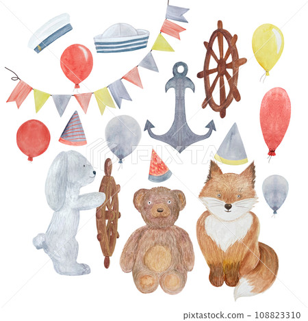 Watercolor sailor toys celebration set isolated on white Watercolor sailor toys celebration set isolated on white 108823310