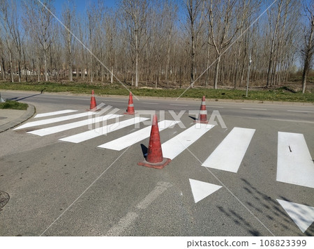 Painting pedestrian crossings with new paint. Road warning plastic orange cone. White stripes on the pavement. The pedestrian crossing is marked with special road signs or markings 108823399