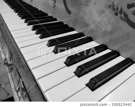 A piano or piano is a stringed percussion and keyboard musical instrument. An octave is a musical interval in which the ratio of frequencies between sounds is one to two. Black and white monochrome. 108823442
