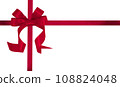 red ribbon with red bow on top left corner, white background 108824048