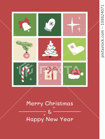 Christmas and New Year greeting card with xmas decoration, geometric tiles with gretings text for winter holidays 108824071
