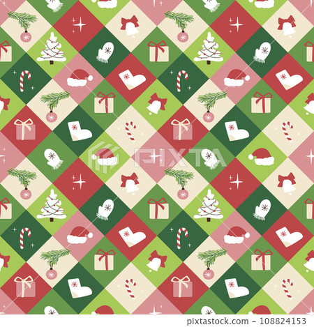 Seamless pattern with geometric Christmas motifs, repeatable diagonal pattern tile design for winter holidays 108824153