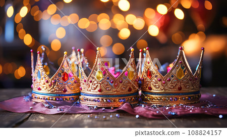 Three golden crowns sparkling festive background. Epiphany Day, Three Kings Day. Religious winter holidays card template 108824157