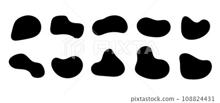 Abstract organic shapes collection. Irregular liquid forms set. Black amoeba blobs, blotches, drops and stains bundle. Different design elements for label, sticker, banner, speech bubble. Vector pack 108824431
