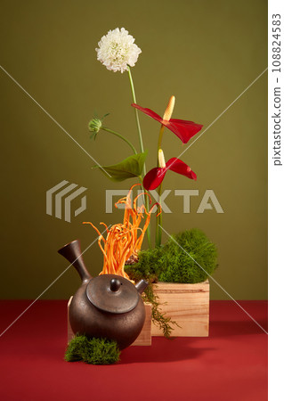 Abstract background with minimalist style for product with cordyceps, green moss and flowers on wooden podiums. With anti-aging effects, cordyceps is used in many beauty products Abstract background with minimalist style for product with cordyceps, green moss and flowers on wooden podiums. With anti-aging effects, cordyceps is used in many beauty products 108824583