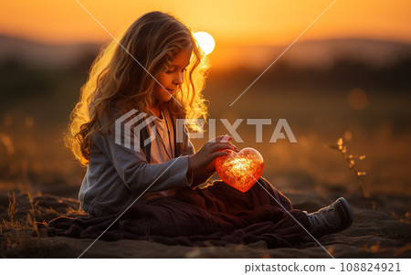 Sweet child girl holding a heart red balloon in Sunset sky. Wedding, Valentine, and Love concept. Generative Ai. 108824921
