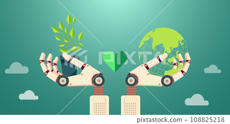 Robot hand holding green plant or tree seedlings and green Earth, concept of applying Ai,Artificial Intelligence Technology in Agriculture and nature conservation,Clean energy AI technology. 108825218