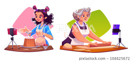 Female food bloggers cooking pastry on camera Female food bloggers cooking pastry on camera 108825672