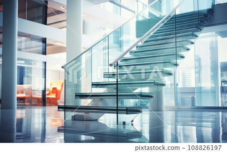 Glass Staircase in a Building: A sleek glass staircase in a contemporary architectural setting. 108826197
