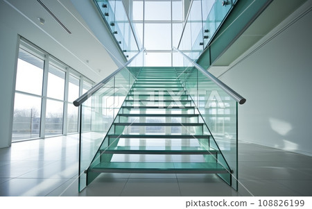 Glass Staircase in a Modern Building: A sleek glass staircase in a contemporary architectural setting. 108826199