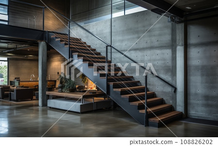 Modern industrial style staircase with metal railing and concrete steps. Modern industrial style staircase with metal railing and concrete steps. 108826202
