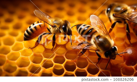 closeup of bees on honeycomb in apiary closeup of bees on honeycomb in apiary 108826206
