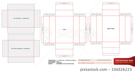 die cut Box top and bottom models hard box template with the dimension measurement and thickness for packaging brand, product compartment unique design, minimalist conceptual holder, parcel stationery 108826223