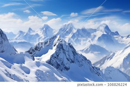 Beautiful winter mountains panorama with snow covered peaks and blue sky 108826224