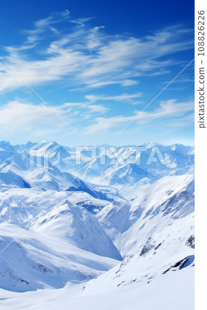 Beautiful winter mountains landscape with snow covered peaks and blue sky background 108826226