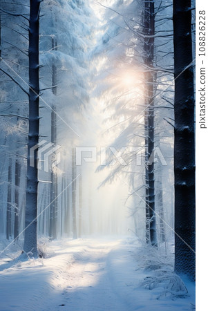 Winter forest with fog and sun rays. Magical winter forest with snow covered trees 108826228