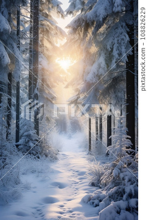 Snowy path in the forest at sunset. Beautiful winter landscape. 108826229