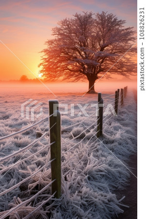Foggy winter landscape with a tree in the foreground at sunrise 108826231